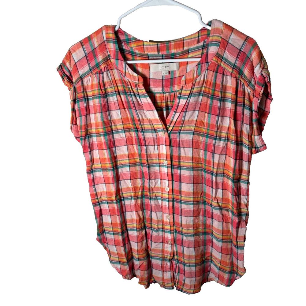 Loft Blouse Women's Medium Colorful Plaid Short Sleeve V-neck Casual Top